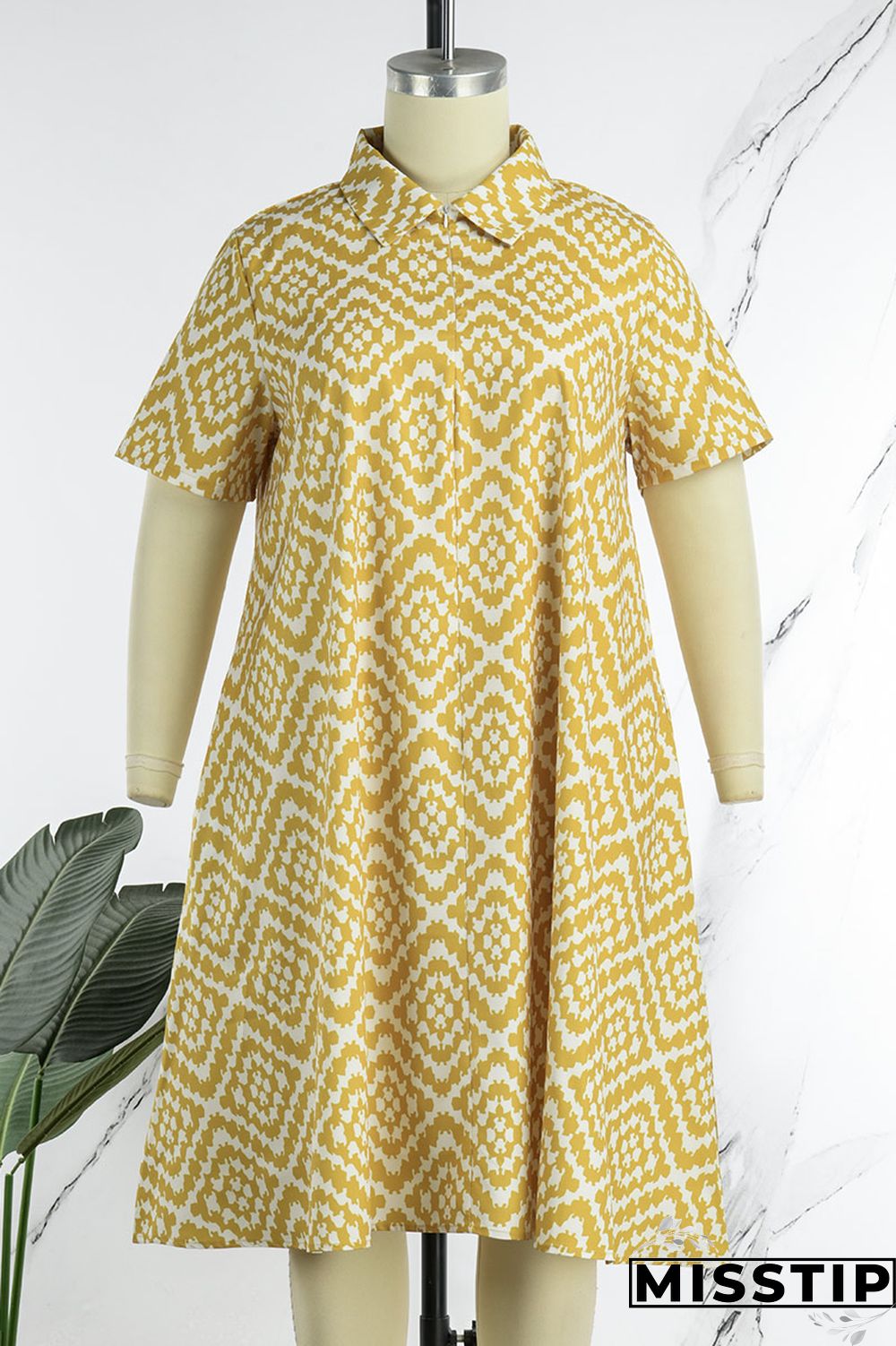 Colour Casual Print Patchwork Turndown Collar Straight Plus Size Dresses