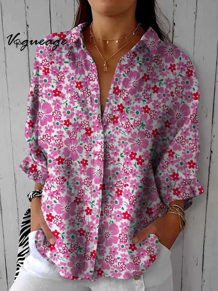 Gentle And Comfortable Cute Little Flowers Printed Cotton And Linen Shirt