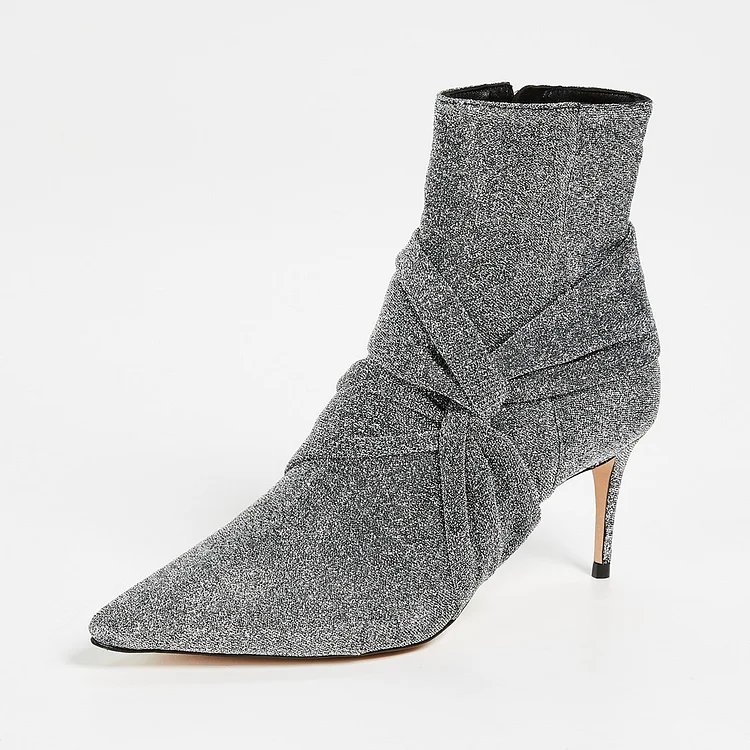 Grey Sparkly Zipper Pointy Toe Ankle Stiletto Boots Vdcoo