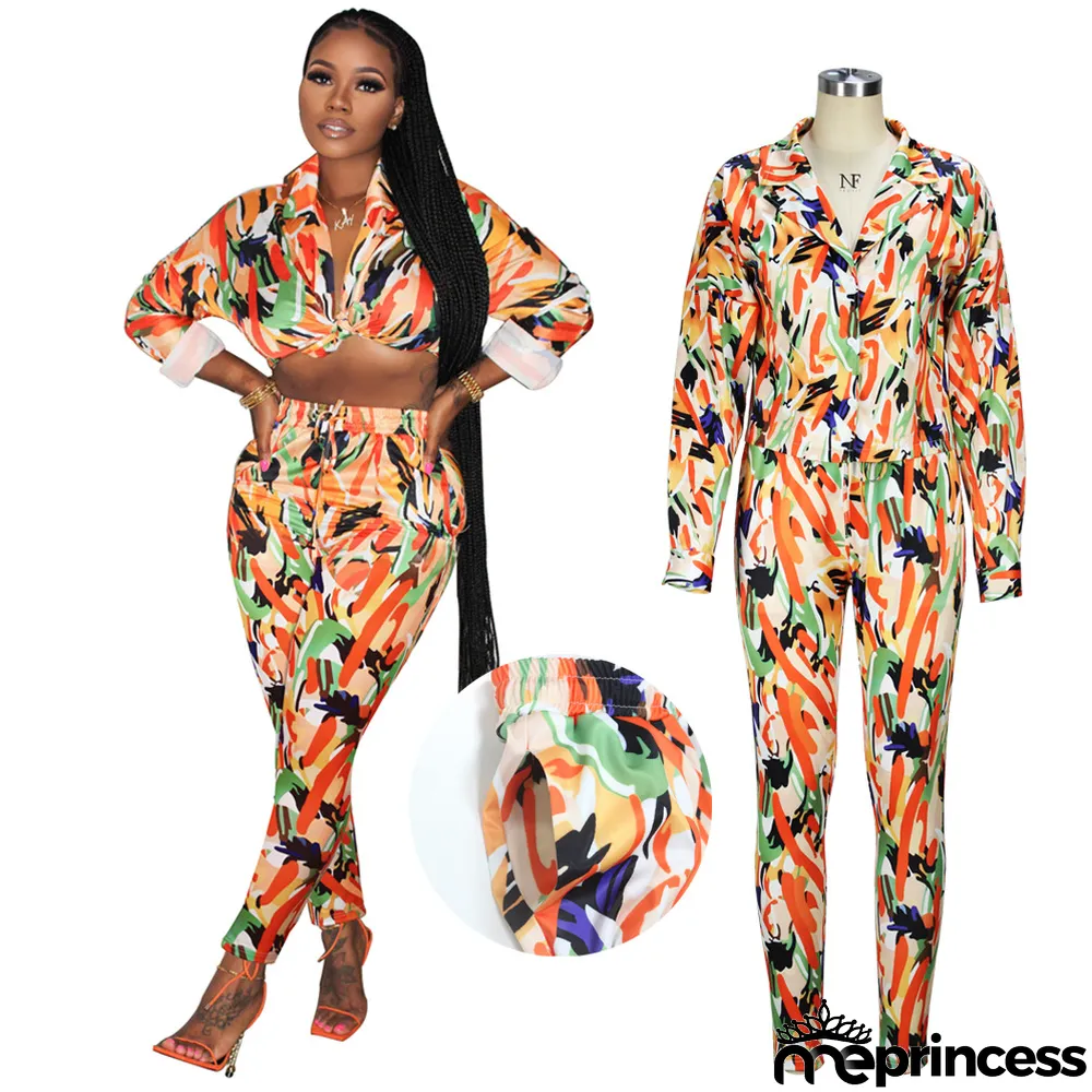 Spring/Summer Knotted Crop Print Turndown Collar Shirt Pants Suit Fall/Winter Women's Two Piece Set