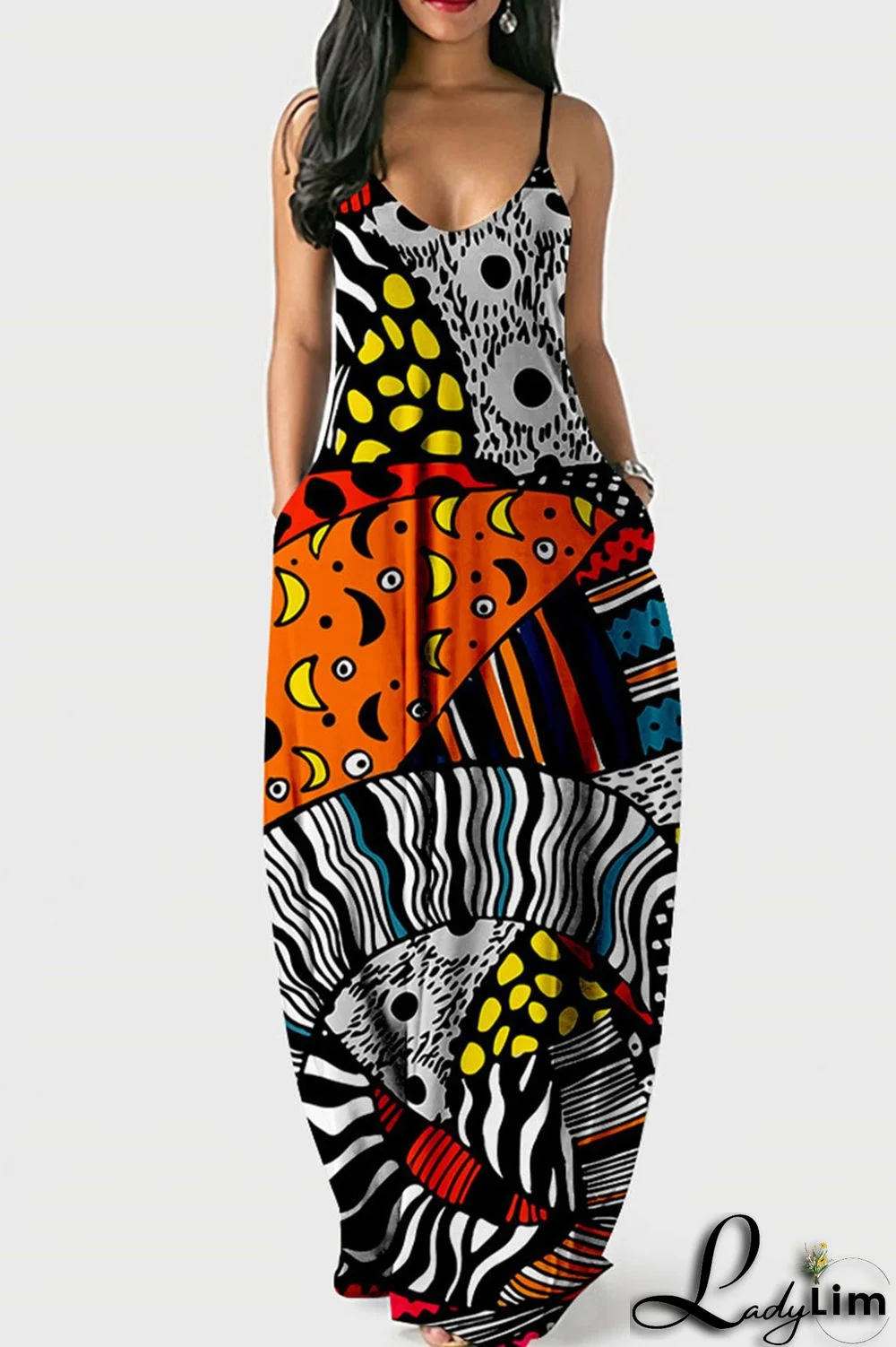 Colour Casual Print Patchwork Spaghetti Strap Dresses