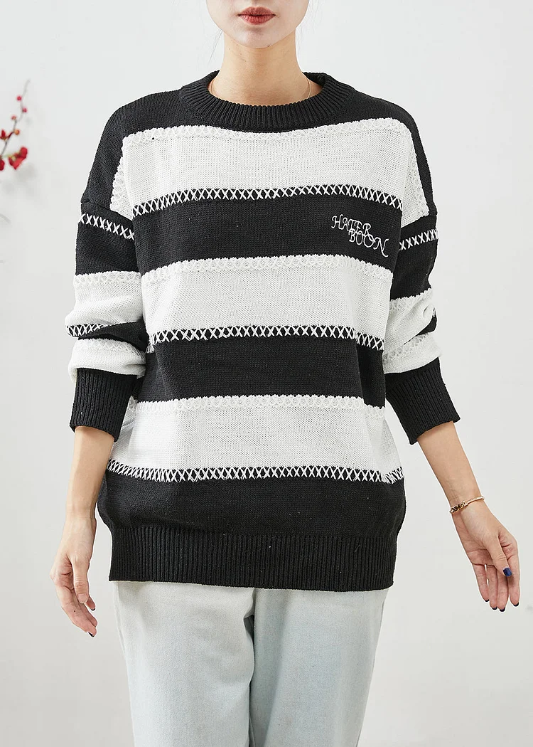 Fitted Black White Striped Letter Embroideried Knitted Tops Winter