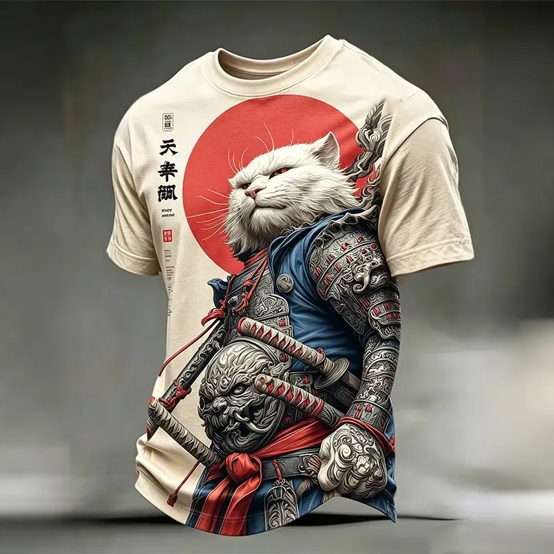 Men's Retro Cat Warrior Japanese Art Patterns Art Print T-shirt  artssus