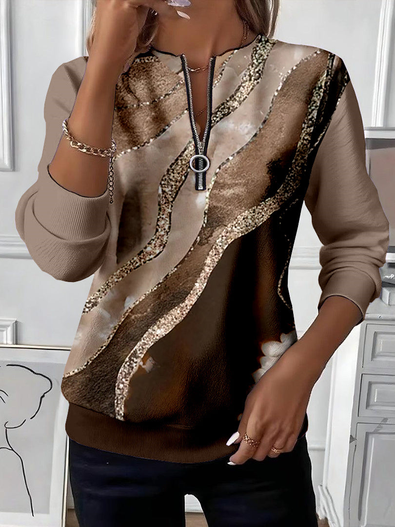 Women Long Sleeve Scoop Neck Striped Colorblock Printed Graphic Zipper Tops