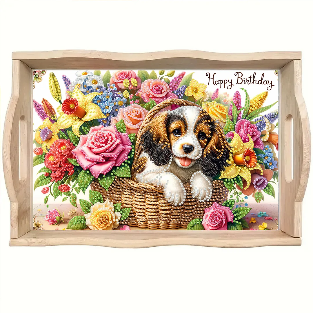 5D DIY Flower Dog Diamond Painting Wooden Serving Tray with Handle for Desk