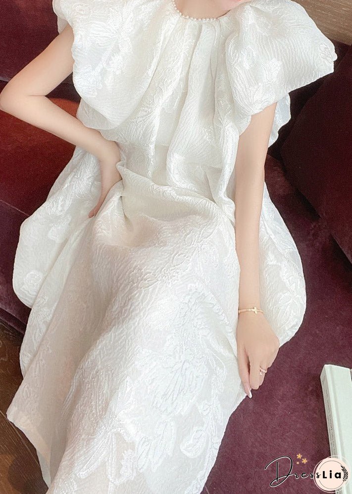 Jacquard White O-Neck Silk Long Dresses Short Sleeve