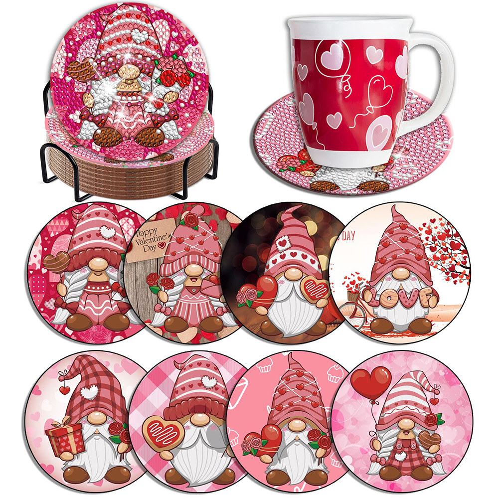 8 PCS Acrylic Diamond Painting Coasters Kits with Holder (Valentines Day Gnome)