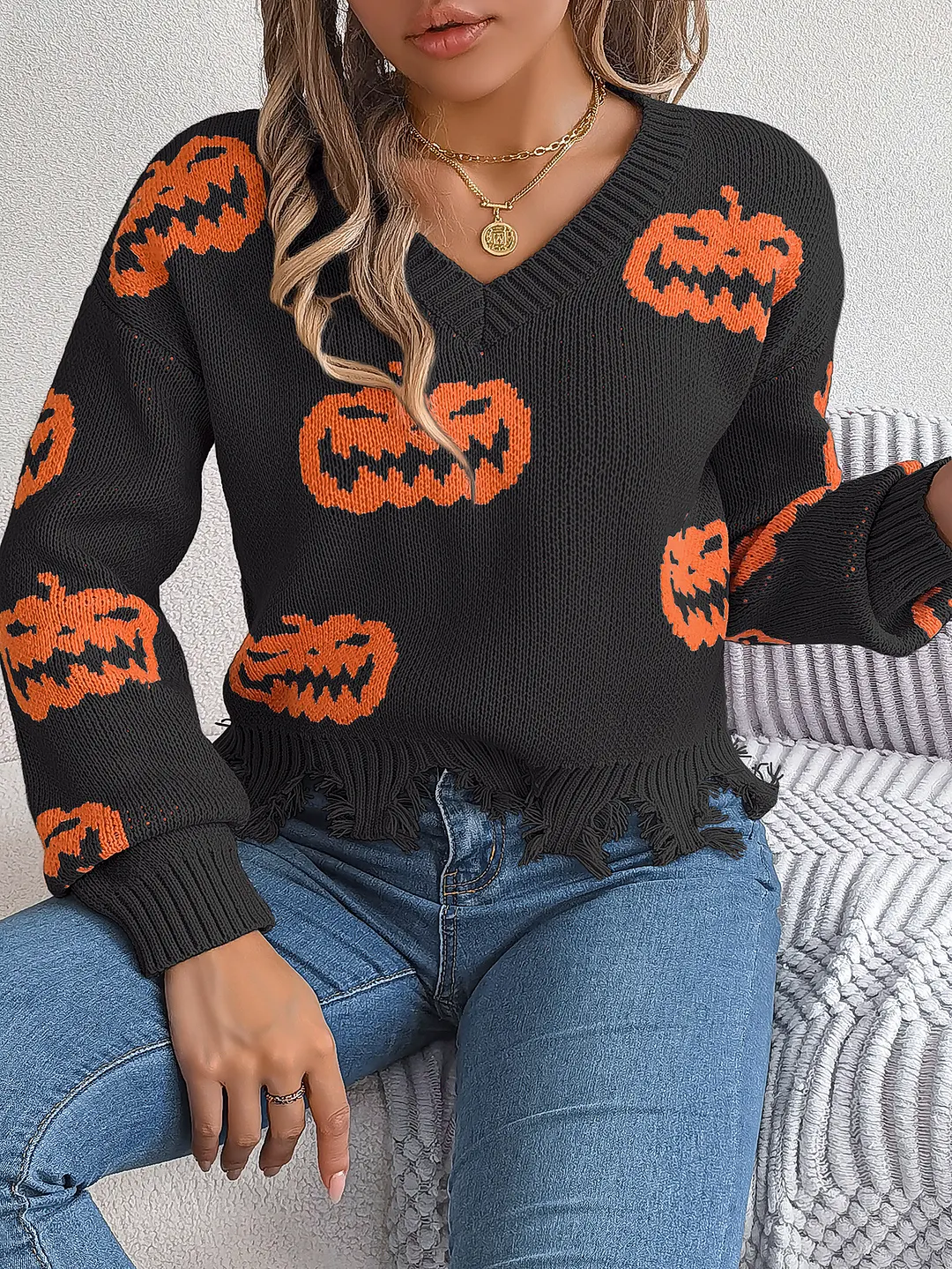 Women Halloween Pumpkin Jacquard V Neck Fringe Hem Knit Sweater