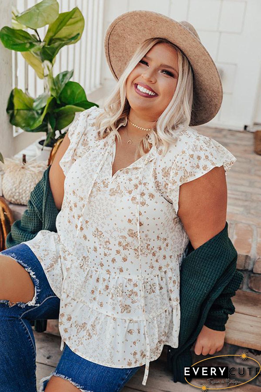 Ruffled Floral Print Plus Size Top