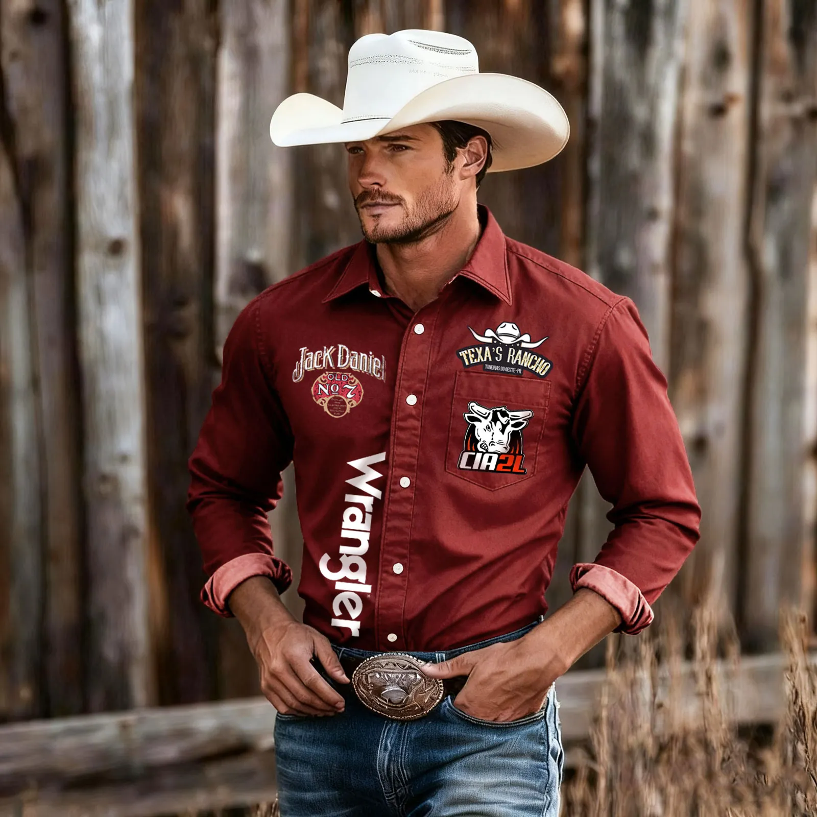Western Style Long Sleeve Shirt With Cowboy Patches