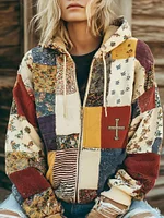 Women's Vintage Floral Cross Patchwork Cozy Warm Zipper Hoodie