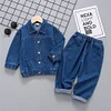 Baby Kid Girl Boy Lapel Collar Button Denim 2 Pcs Sets