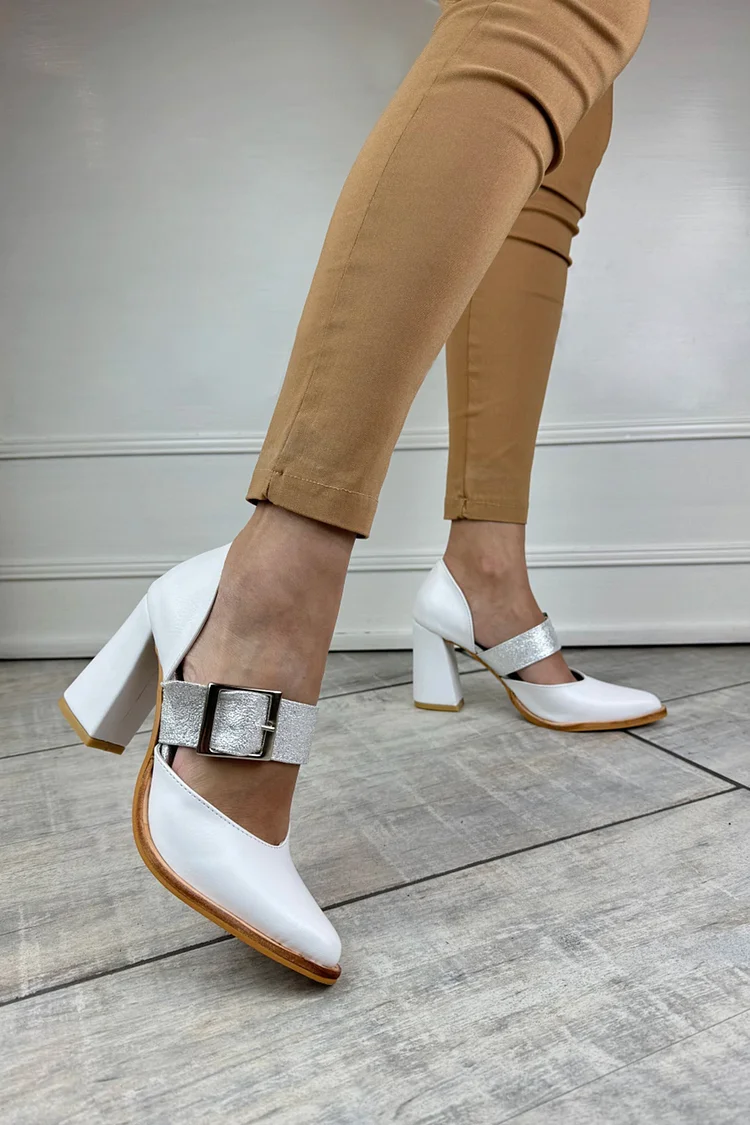 Instep Strap Buckle Pointed Toe White Chunky Heels [Pre Order]