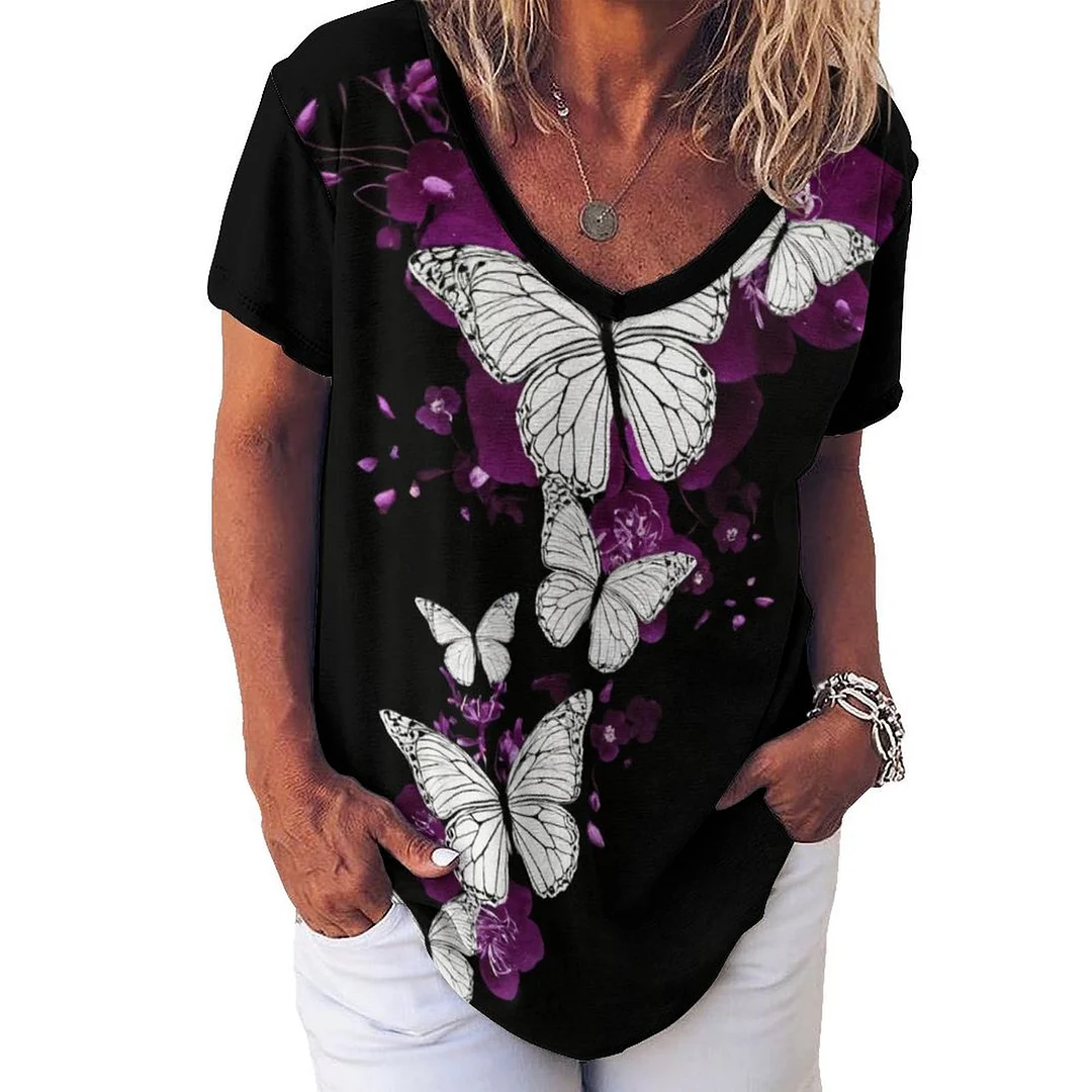 V-neck Short Sleeve Casual T-shirt for  Women Printed with Pattern Black, Purple, Butterfly