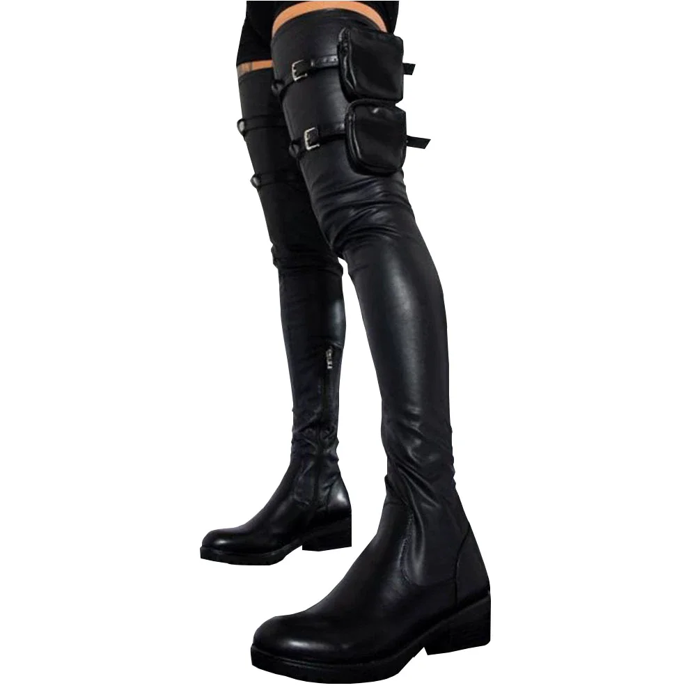 Qengg Brand Design Platform Pocket Bags Thigh High Boots Women Zipper Casual Sexy Fashion Top Quality Over The Knee Boots Woman