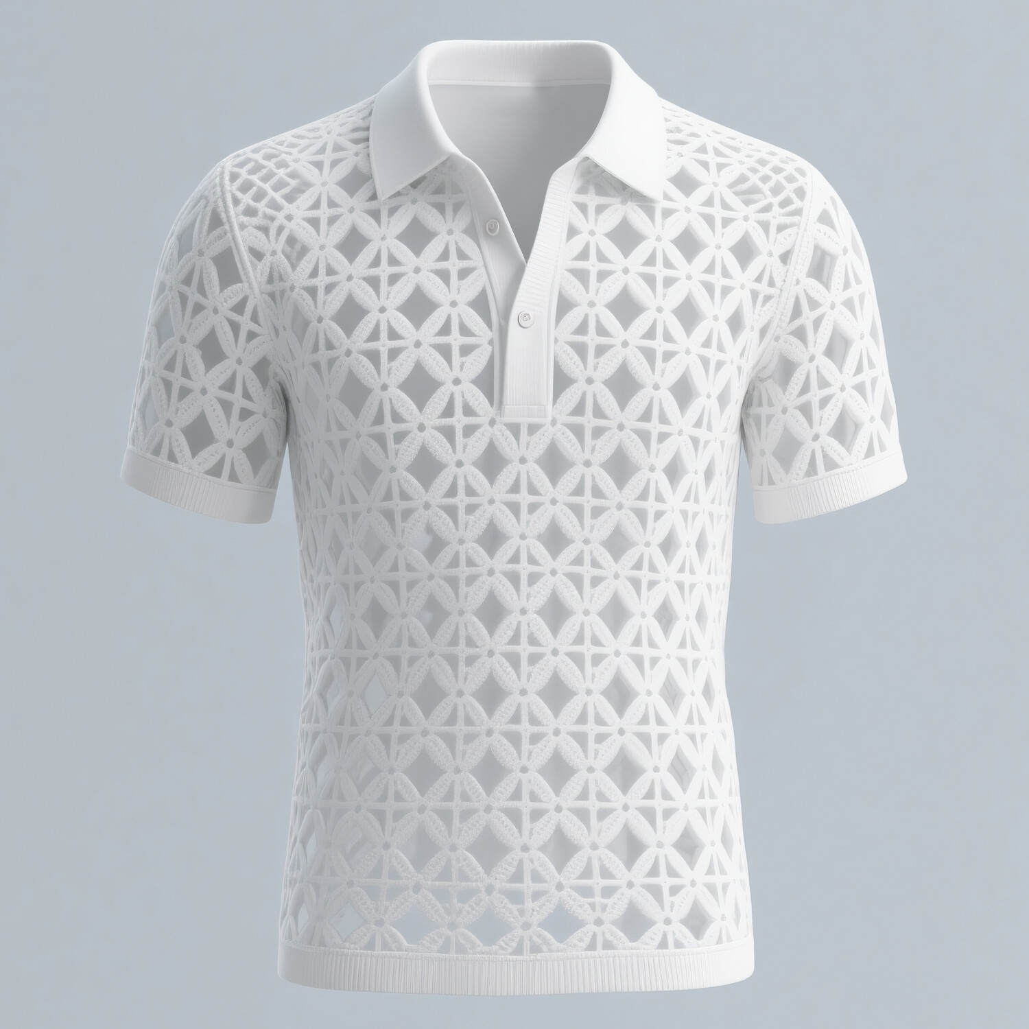 Men's Half Button Short Sleeve Geometric Hollow Crochet Polo Shirt