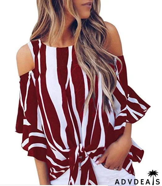 Off The Shoulder Blue White Vertical Stripes Blouse
