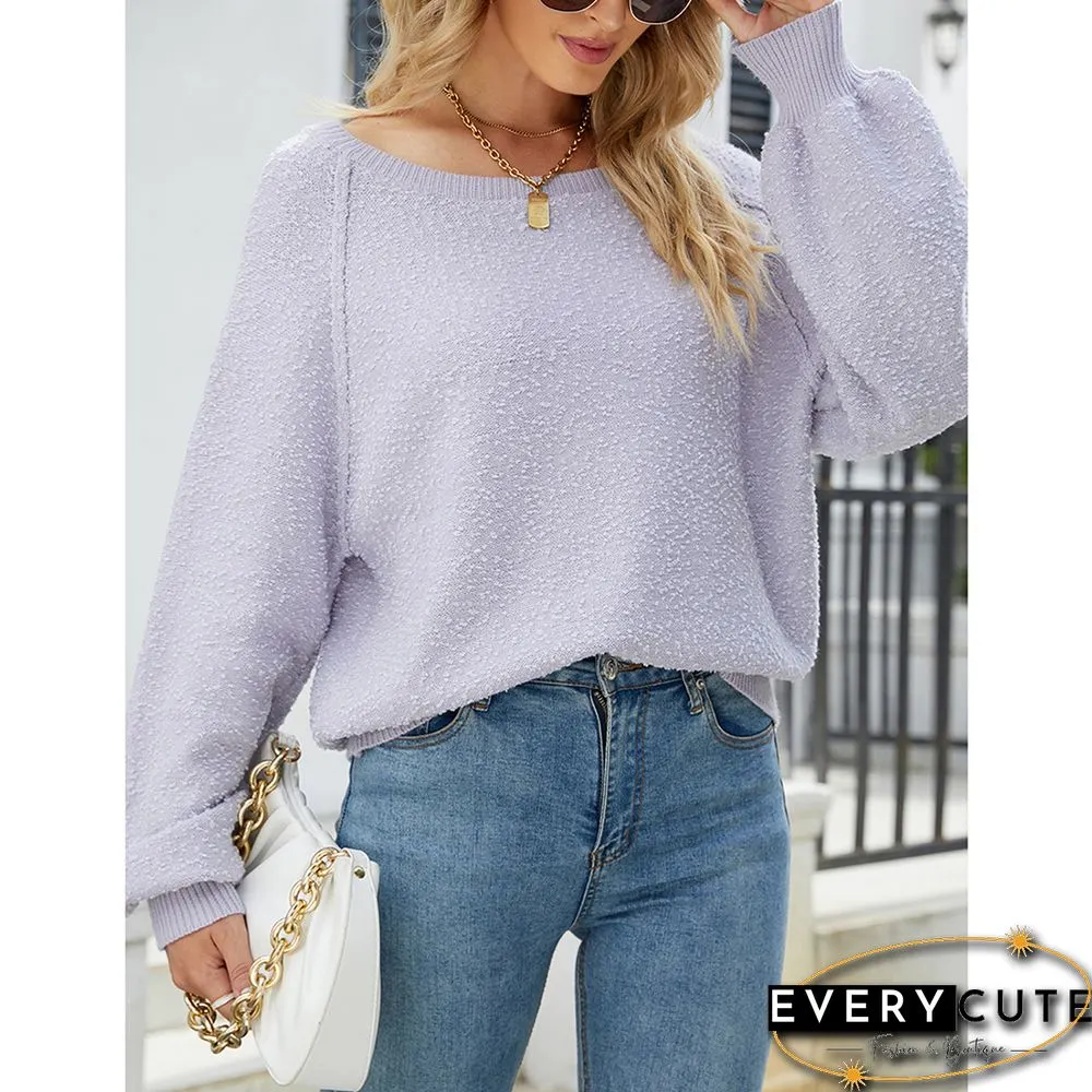 Purple Solid Color Crew Neck Knit Sweater