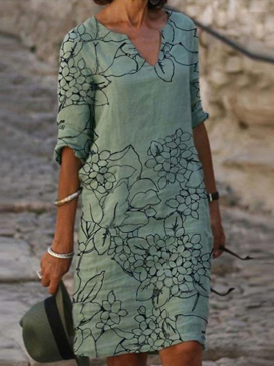 V-neck Line Print Loose Short Sleeve Shift Dress