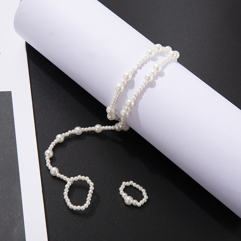 Fashion White Double Layer Pearl Foot Chain Ring Two Pieces Jewelry Set