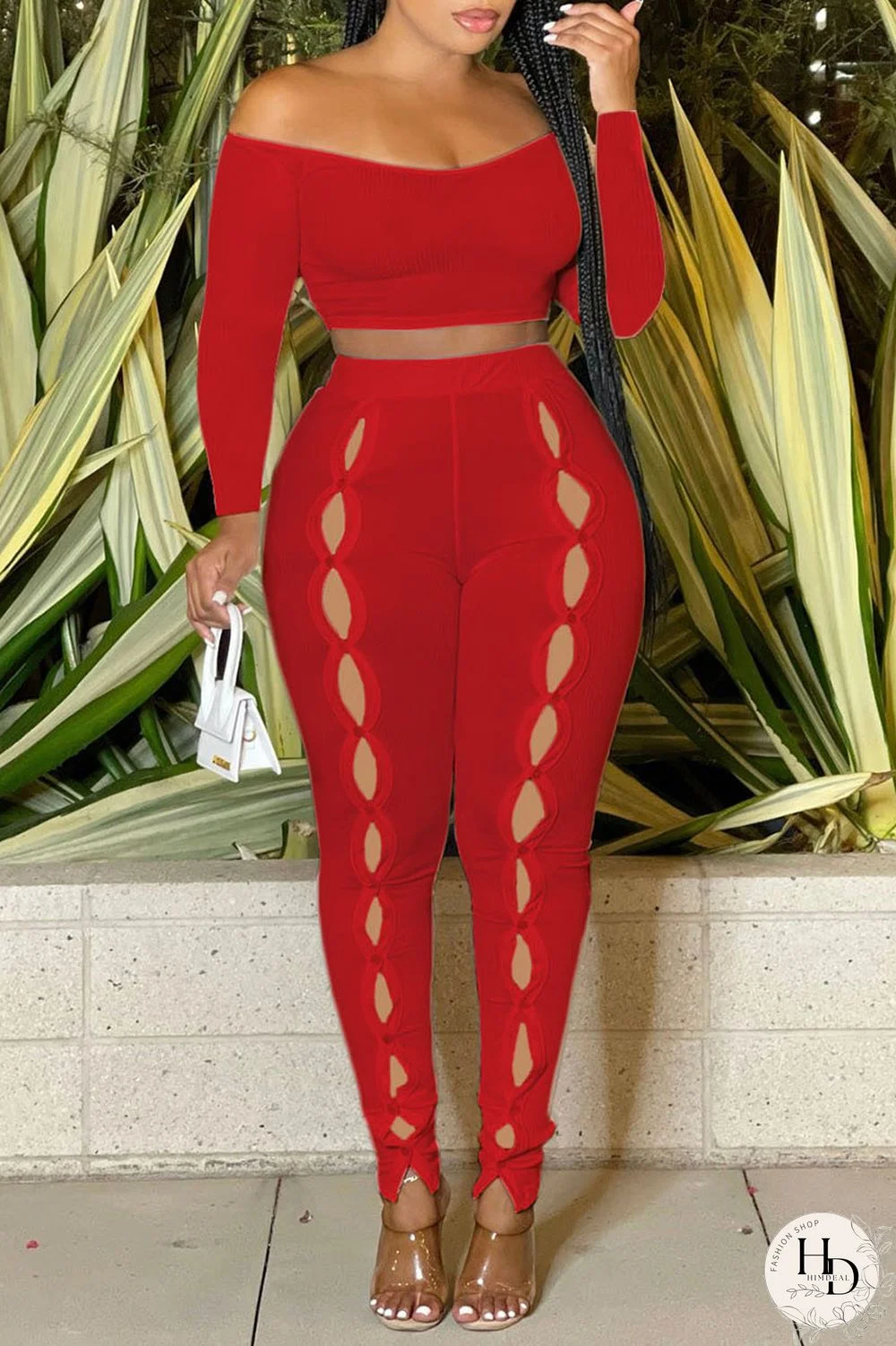 Red Sexy Solid Patchwork Off the Shoulder Long Sleeve Two Pieces