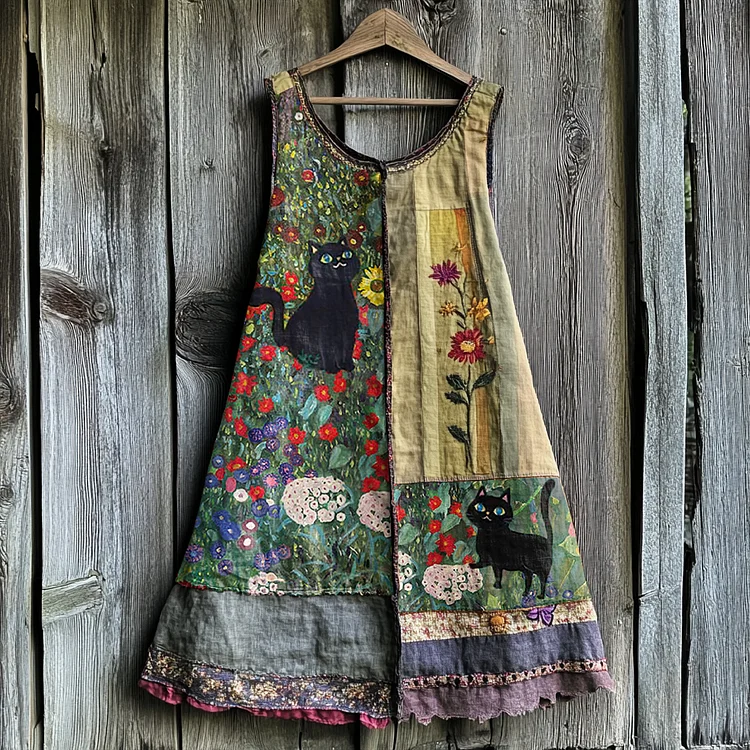 Vintage Cute Black Cat And Floral Patchwork Linen Tank Dress