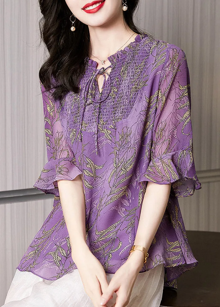 Modern Purple O-Neck Print Chiffon Top Flare Sleeve