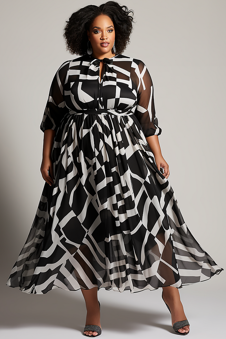 Xpluswear Design Plus Size Semi Formal Elegant Black All Over Print Spring Summer 3/4 Sleeve See Through Midi Dresses 