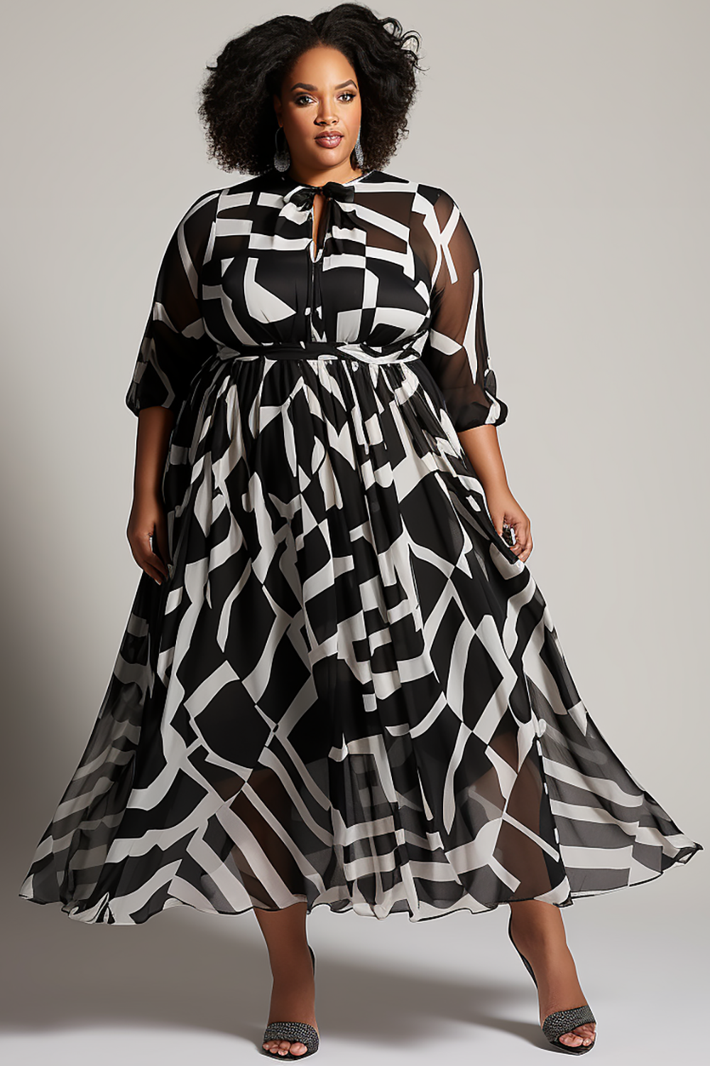 Design Plus Size Semi Formal Elegant Black All Over Print Spring Summer 3/4 Sleeve See Through Midi Dresses [Pre-Order]