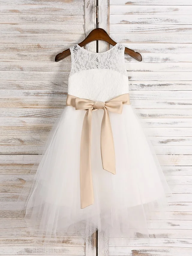 Hellodresses Sleeveless Jewel Neck A-Line Tea Length Flower Girl Dress Lace  Satin Tulle With Belt