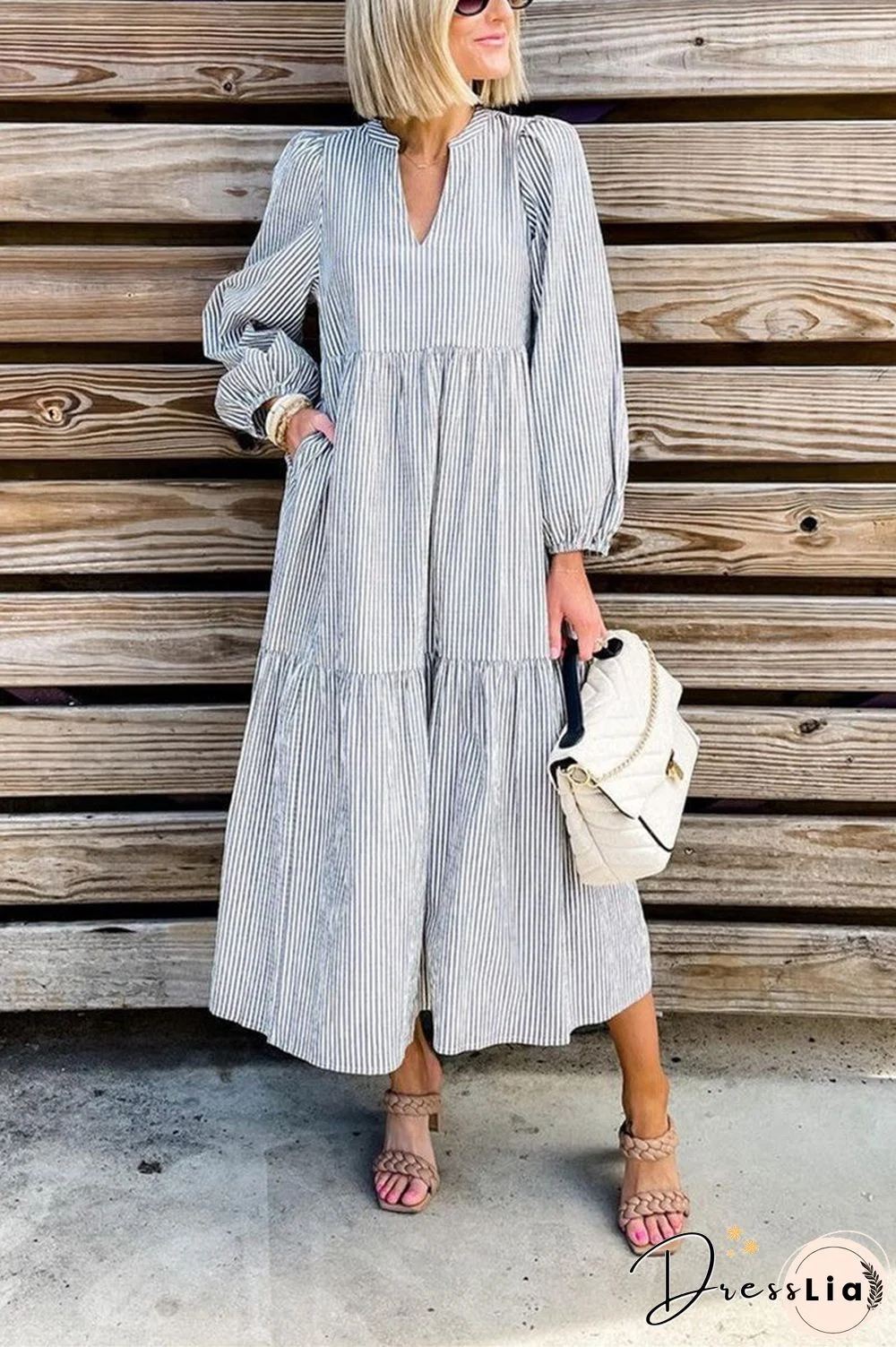 Fashion Casual Striped V Neck Long Dress Dresses