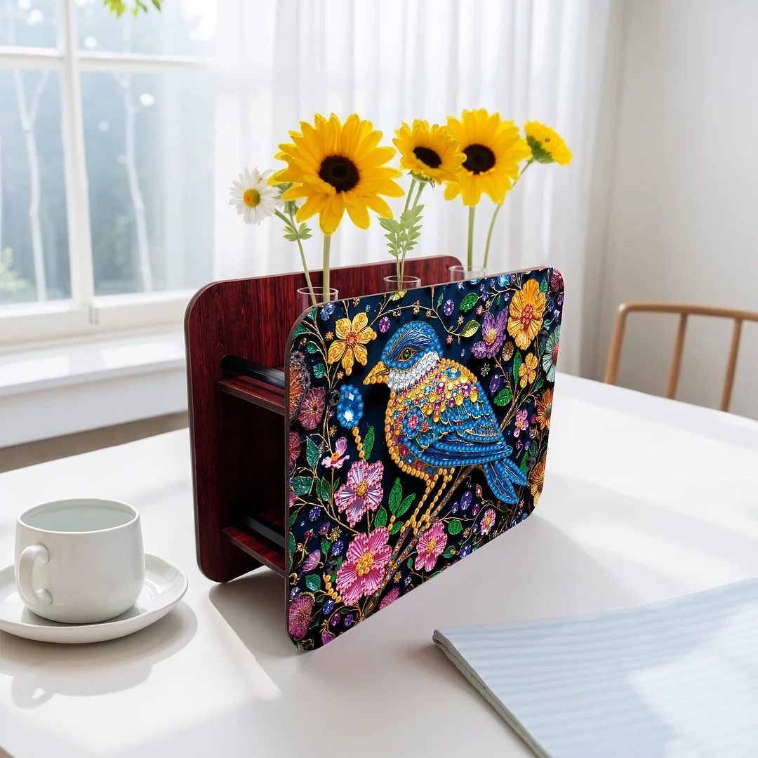 Bird DIY Flower Vase Wooden Double Sided Desktop Diamond Art Kit for Home Decor
