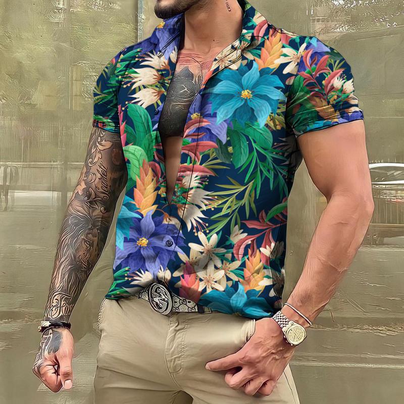 Men's Lapel Short Sleeve Hawaiian Plant Print Shirt