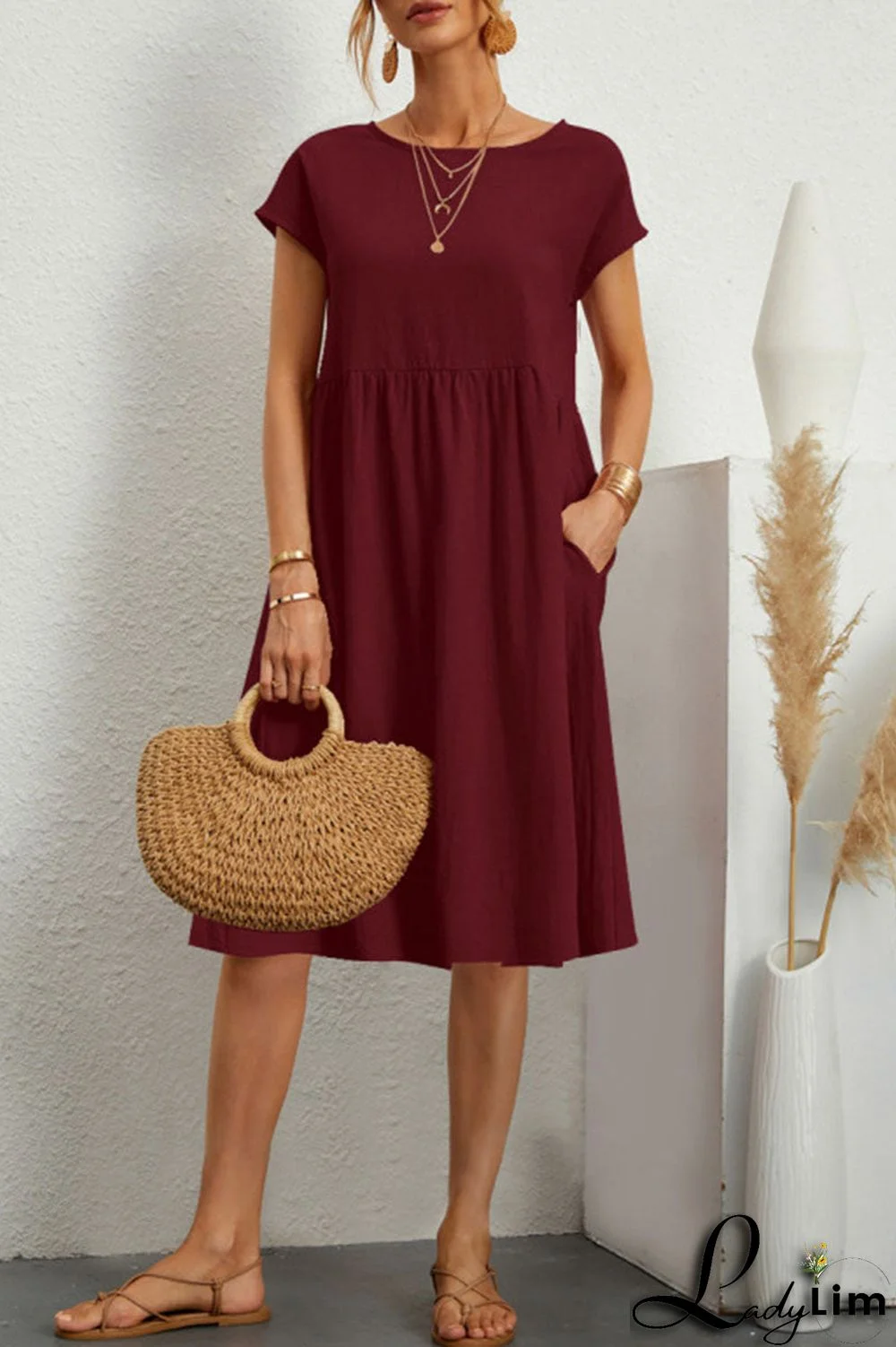 Casual Solid Patchwork O Neck A Line Short Sleeve Dress(11 colors)