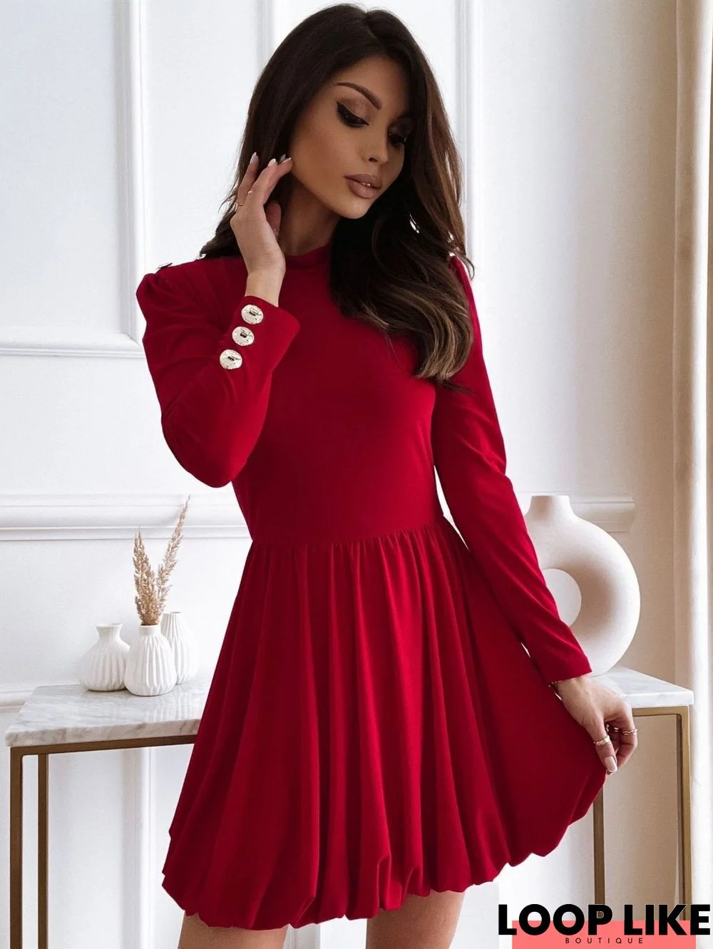 Women's Long Sleeve Solid Color Button Dress Black Dresses