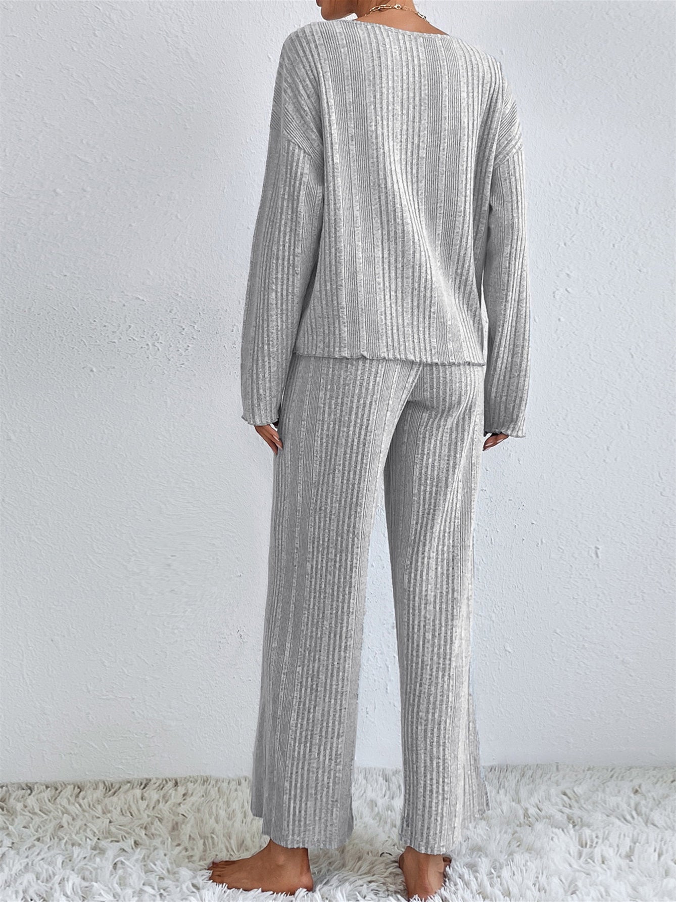 Women's Long Sleeve V-neck Solid Color Two-Piece Set