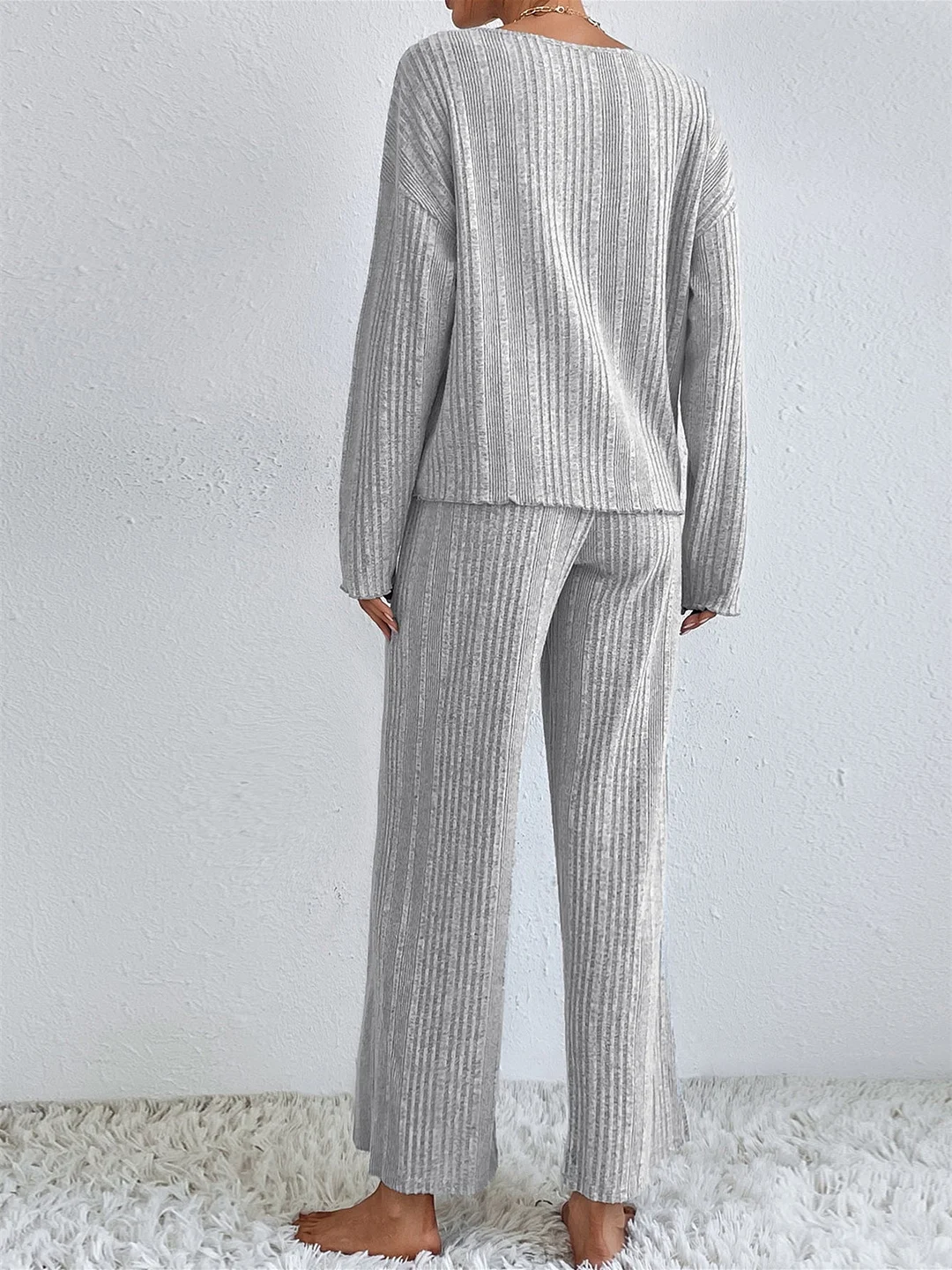 Women's Long Sleeve V-neck Solid Color Two-Piece Set