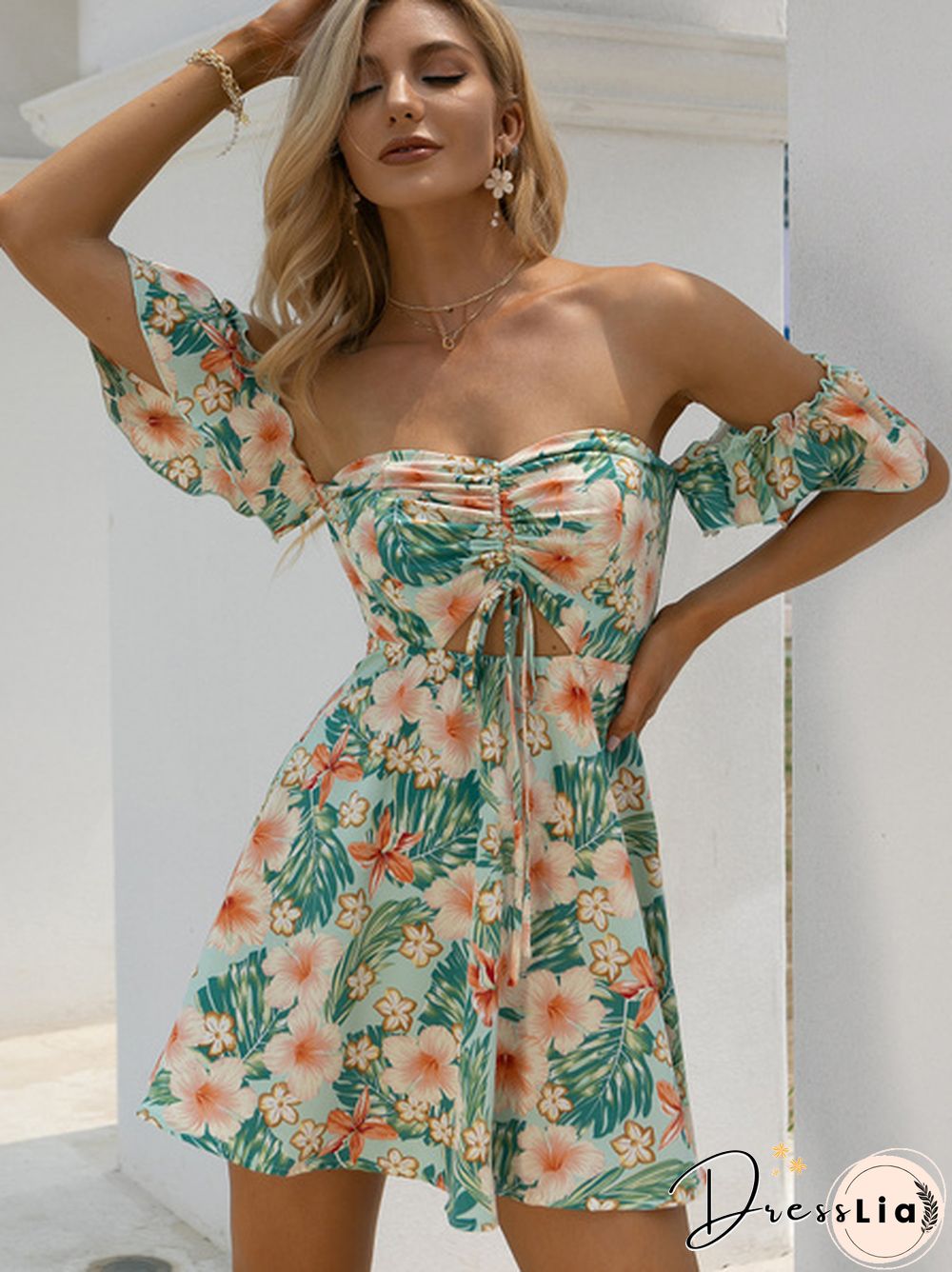 Tropical Floral Print Drawstring Peekaboo Bardot Beach Hot Dress