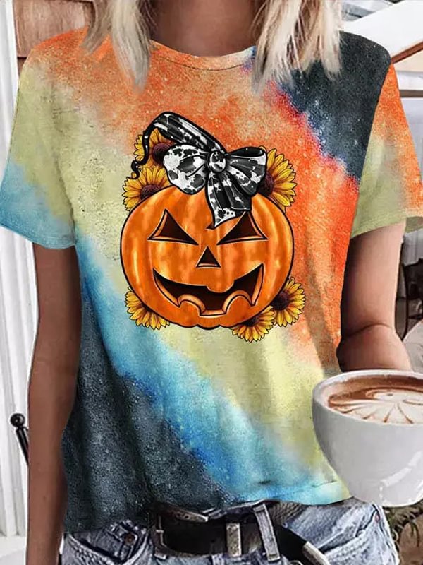 Halloween Tie Dye Pumpkin Face Sunflower T-Shirt