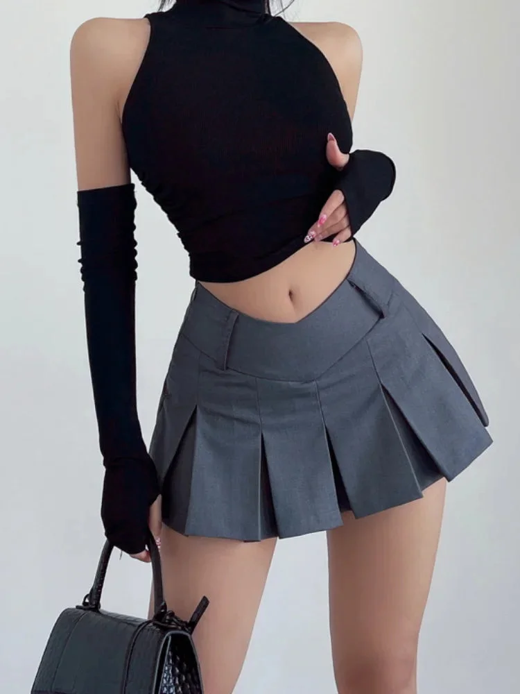 Huibahe Pleated Mini Skirt Low Rise A-line Slim Vintage Y2k Streetwear V-Waist Micro Sexy Skirt Shorts Summer Women Fashion