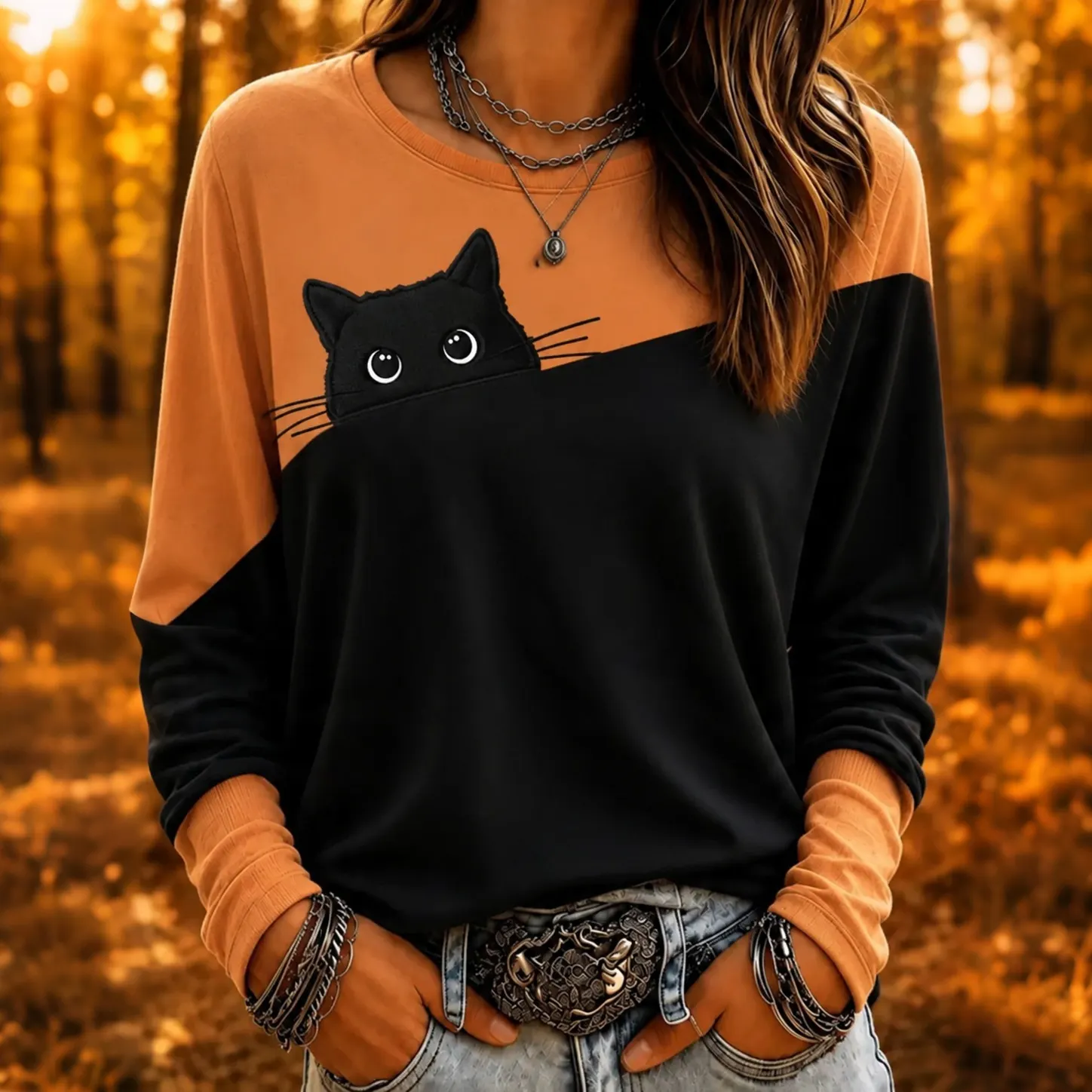 Comstylish Women's Retro Cute Cat Color Block Pattern Casual Crew Neck Sweatshirt