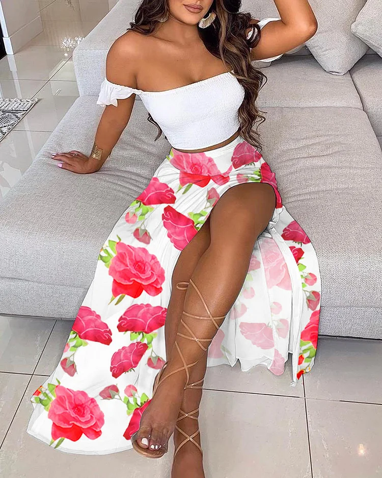 Solid Color Top Floral Print Skirt Two Piece Set