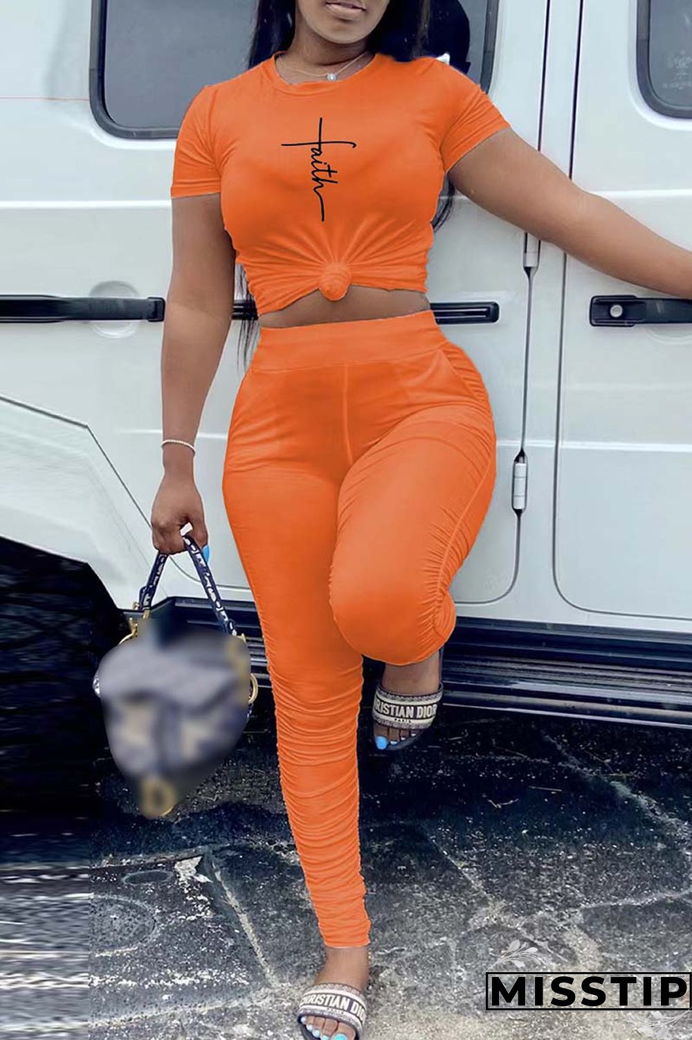 Orange Casual Print Fold O Neck Short Sleeve Two Pieces