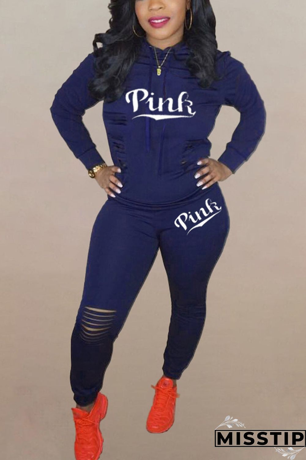 Dark Blue Sportswear Letter Hollowed Out Hooded Collar Long Sleeve Two Pieces