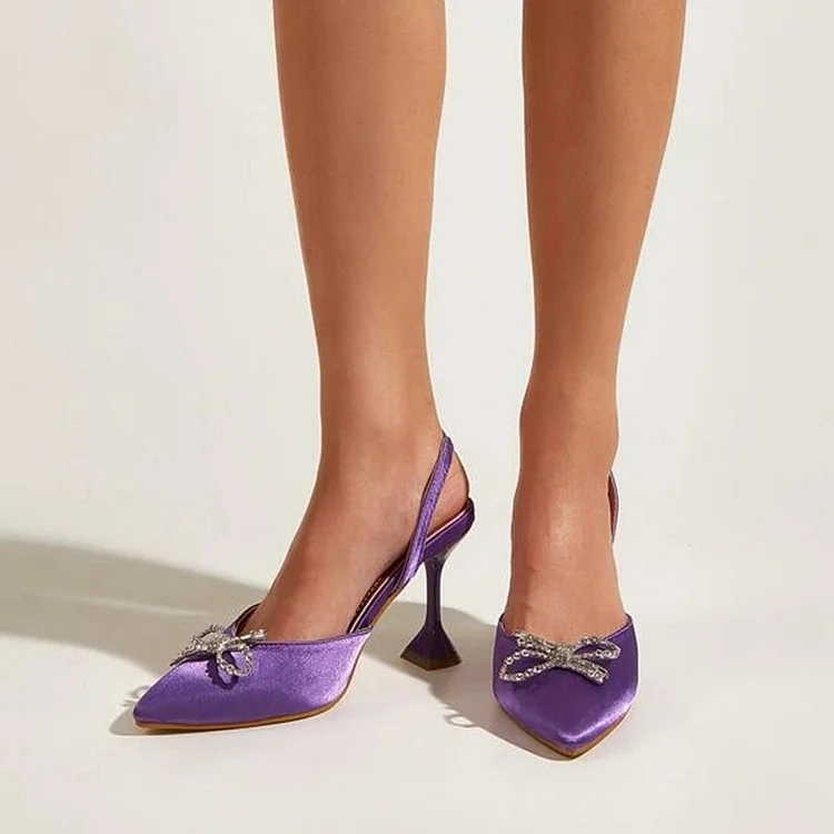 Purple Kitten Heels Pointy Toe Slingback Pumps with Party Bow - Velvet Vdcoo