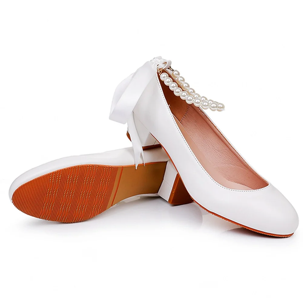 Breakj Breakj 3 Cm Square-Head Single Shoe With A Single Shoe Buckle Mary Jane White Shoes Beads Ribbon Wedding Shoes