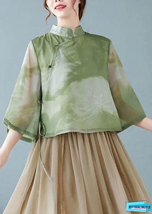 Women Green Stand Collar Tie Dye Silk Blouses Summer