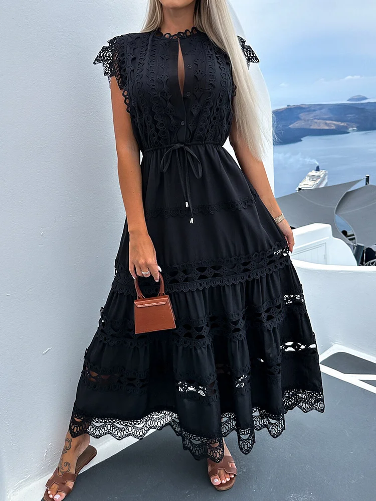 Daily Lace Hollow Out Button Drawstring Tiered Maxi Dress
