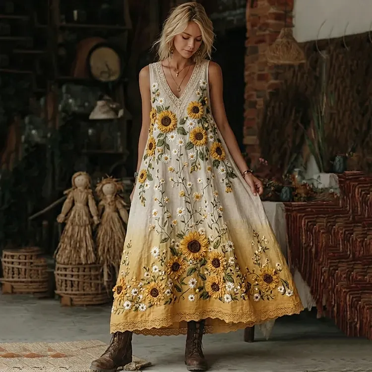 🌻 Women's Sunflower Embroidered Gradient Boho Maxi Dress