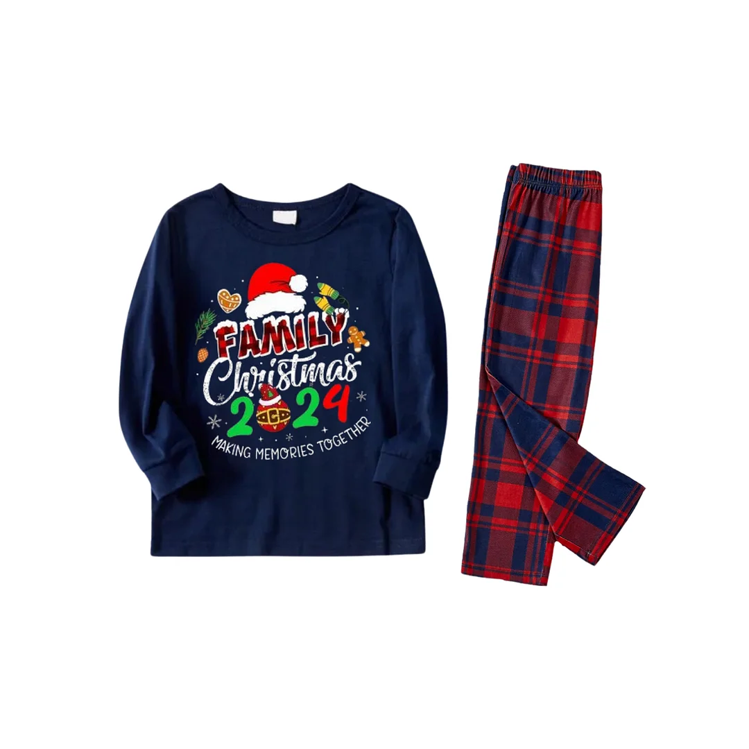 "Family Christmas 2024" Text and Santa Hat Prints Blue Long Sleeves Top with Red and Blue Plaid Pants Christmas Matching Pajamas
